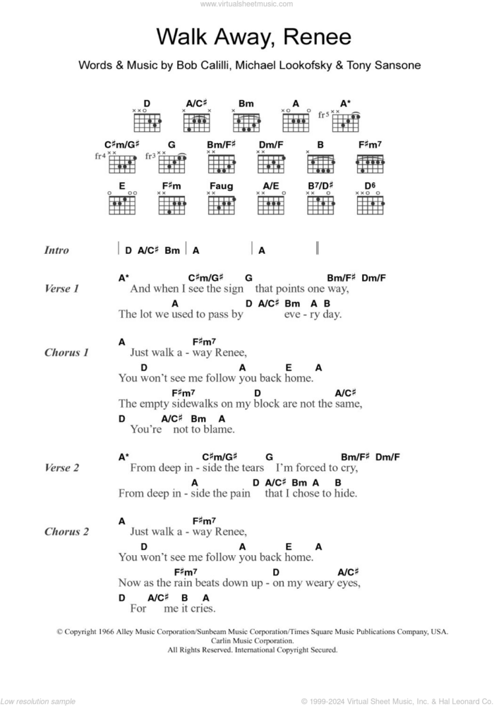 Walk Away, Renee sheet music for guitar (chords) by The Four Tops, The Left Banke, Bob Calilli, Michael Lookofsky and Tony Sansone, intermediate skill level