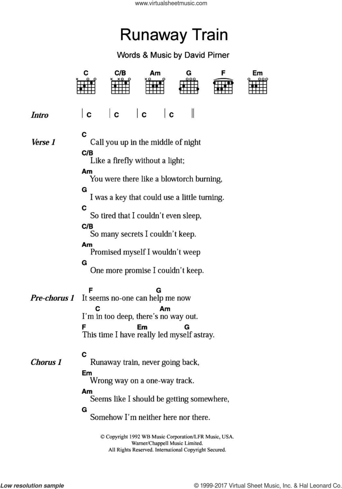Runaway Train sheet music for guitar (chords) by Soul Asylum and David Pirner, intermediate skill level