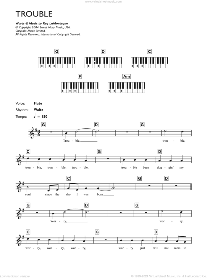 Trouble sheet music for piano solo (chords, lyrics, melody) by Ray LaMontagne, intermediate piano (chords, lyrics, melody)