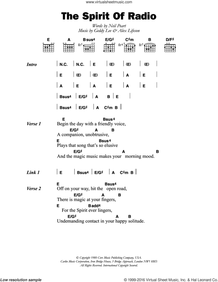 The Spirit Of Radio sheet music for guitar (chords) by Rush, Alex Lifeson, Geddy Lee and Neil Peart, intermediate skill level