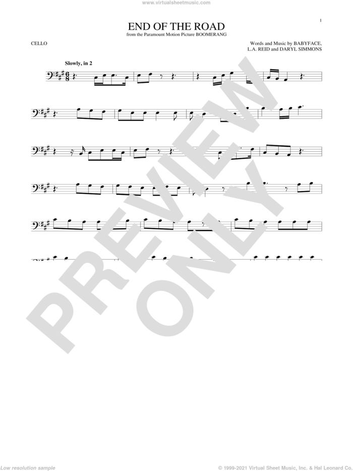End Of The Road sheet music for cello solo by Boyz II Men, Babyface, Daryl Simmons and L.A. Reid, intermediate skill level