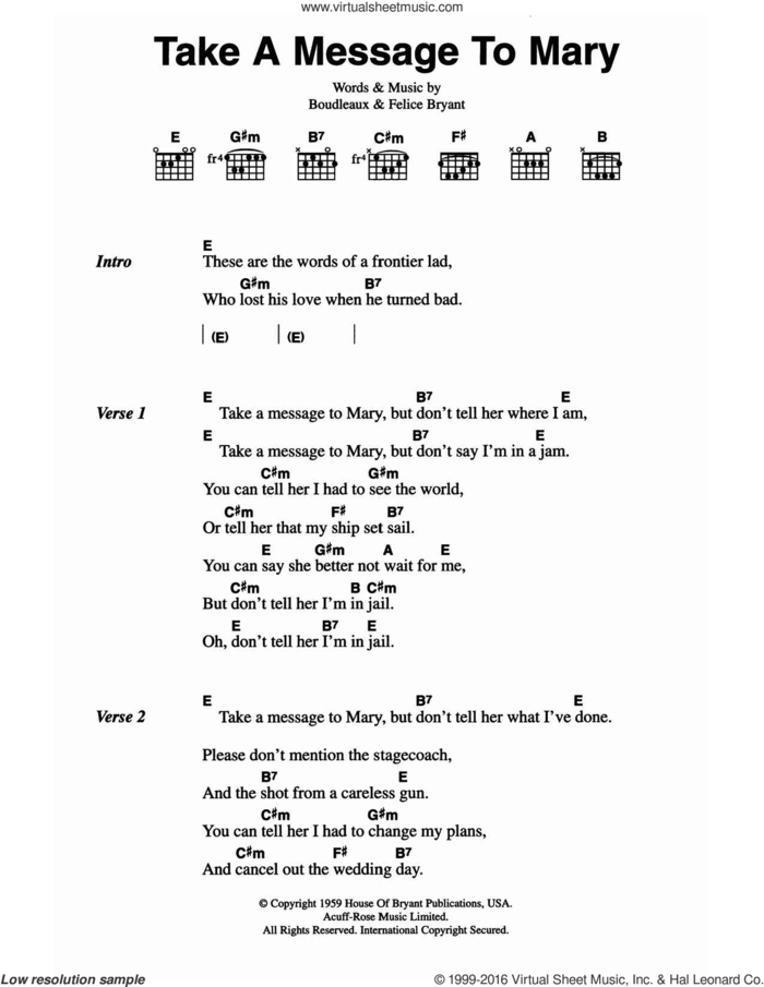 Take A Message To Mary sheet music for guitar (chords) by The Everly Brothers, Boudleaux Bryant and Felice Bryant, intermediate skill level