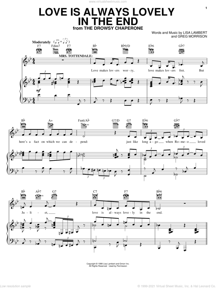 Love Is Always Lovely In The End sheet music for voice, piano or guitar by Lisa Lambert, Drowsy Chaperone (Musical) and Greg Morrison, intermediate skill level