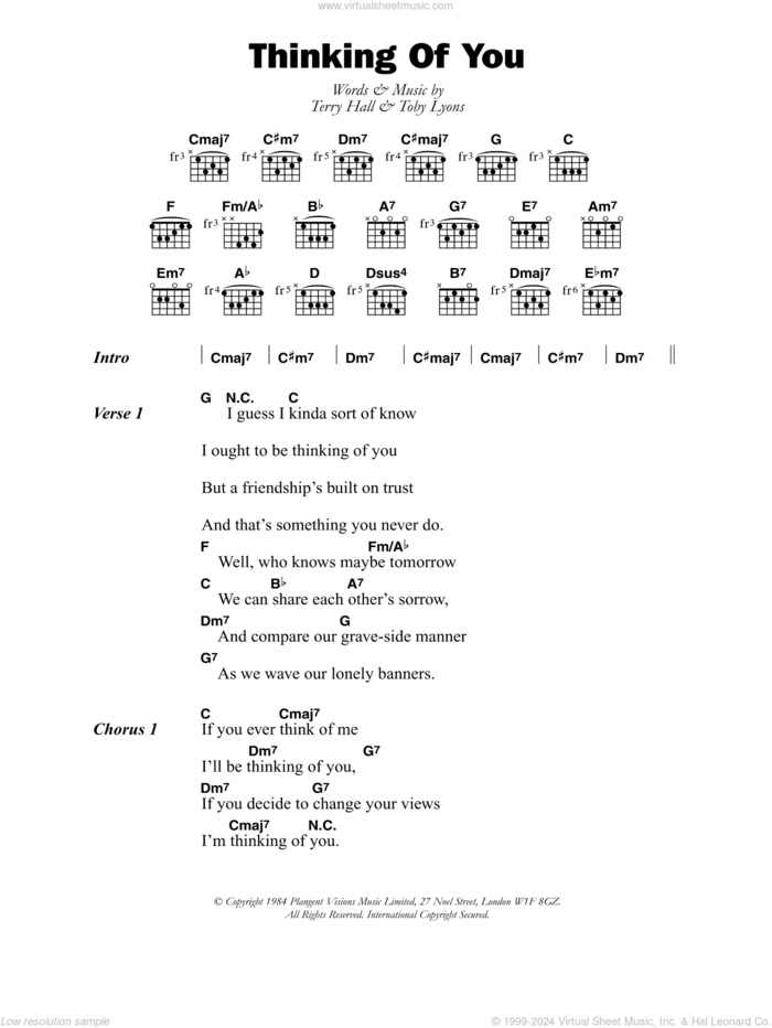 Thinking Of You sheet music for guitar (chords) by The Colourfield, Terry Hall and Toby Lyons, intermediate skill level