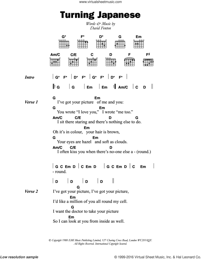 Turning Japanese sheet music for guitar (chords) by The Vapors and David Fenton, intermediate skill level