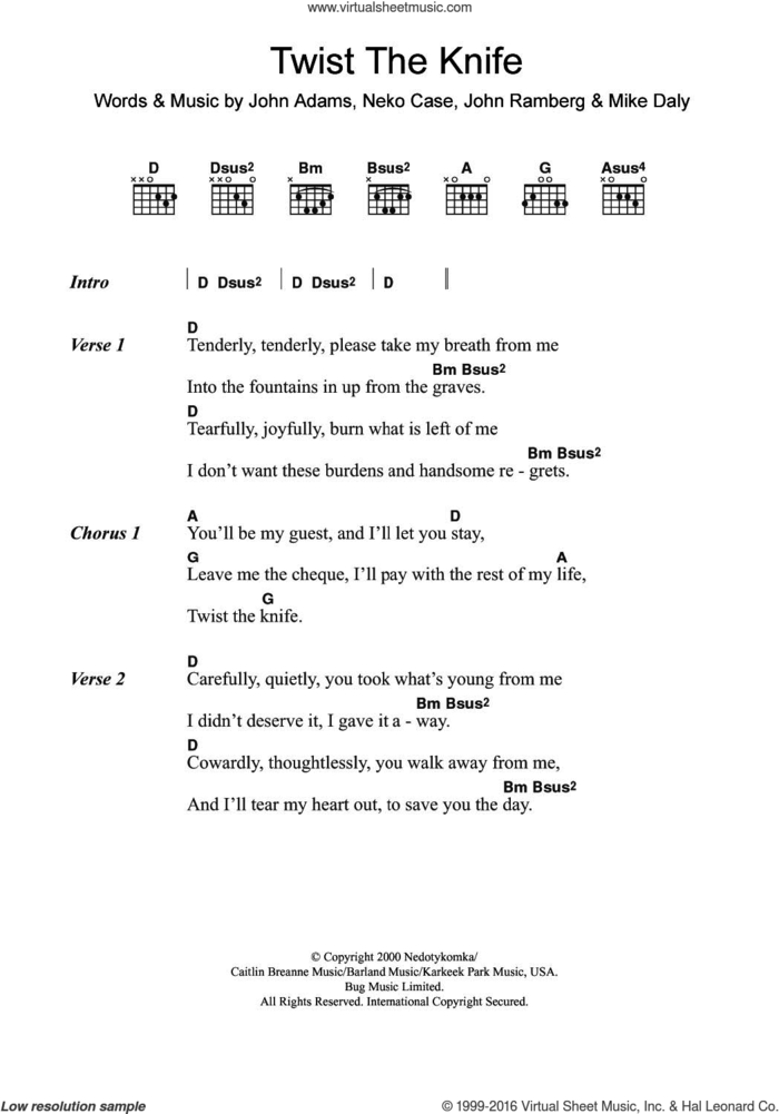 Twist The Knife sheet music for guitar (chords) by Neko Case & Her Boyfriends, John Adams, John Ramberg, Mike Daly and Neko Case, intermediate skill level