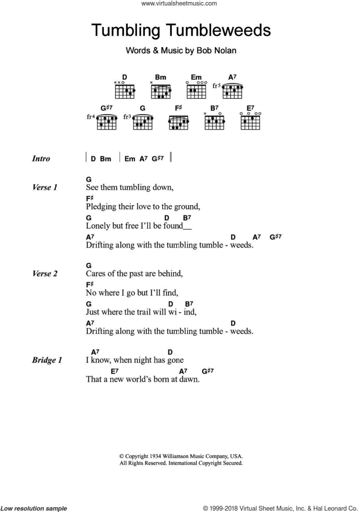 Tumbling Tumbleweeds sheet music for guitar (chords) by Sons Of The Pioneers and Bob Nolan, intermediate skill level