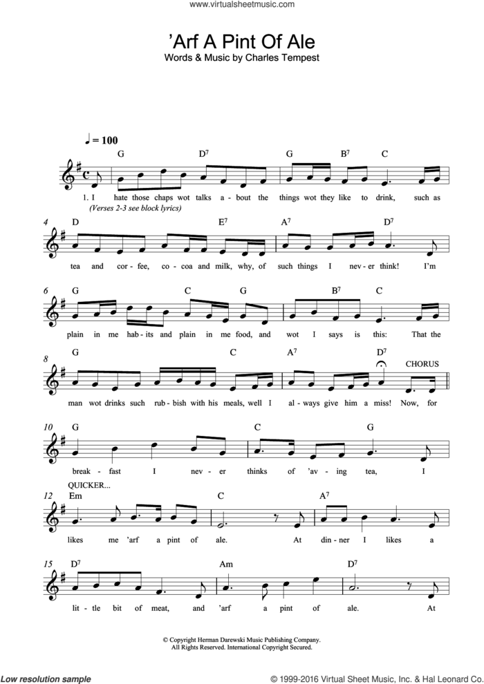 'Arf A Pint Of Ale sheet music for voice and other instruments (fake book) by Charles Tempest, intermediate skill level