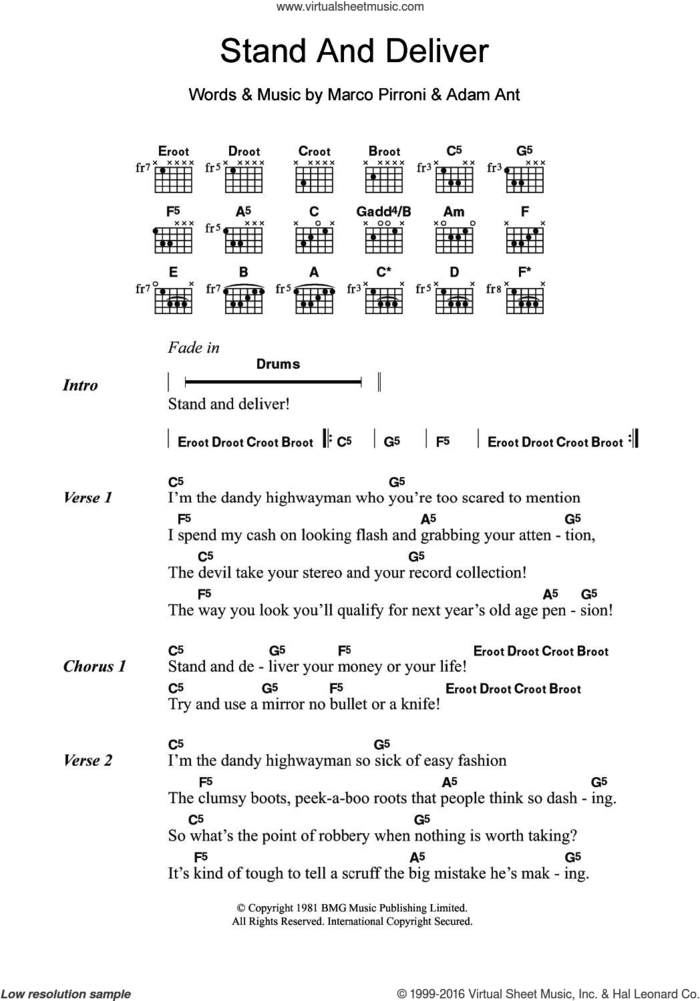 Stand And Deliver sheet music for guitar (chords) by Adam & The Ants, Adam Ant and Marco Pirroni, intermediate skill level