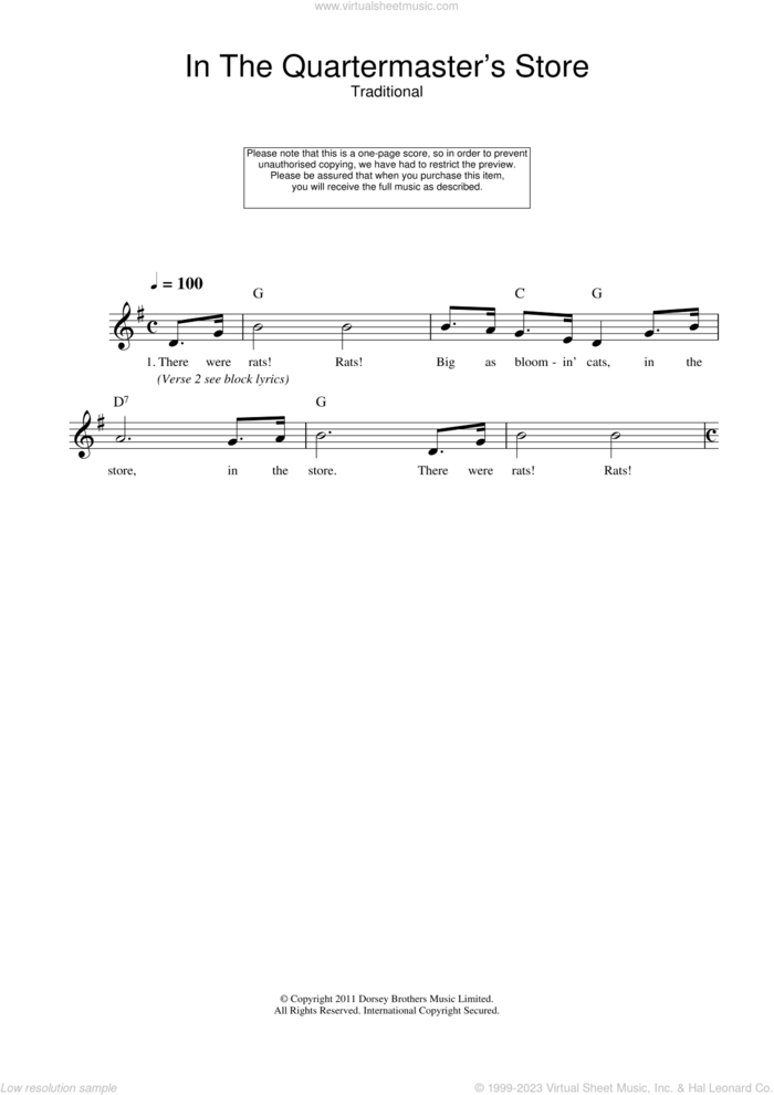 In The Quartermaster's Store sheet music for voice and other instruments (fake book), intermediate skill level