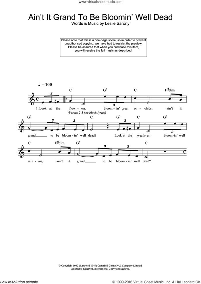 Ain't It Grand To Be Bloomin' Well Dead sheet music for voice and other instruments (fake book) by Leslie Sarony, intermediate skill level