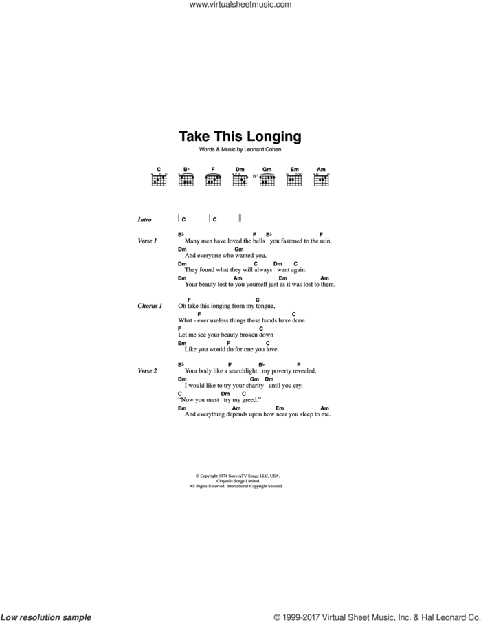 Take This Longing sheet music for guitar (chords) by Leonard Cohen, intermediate skill level