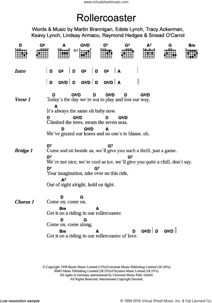 Rollercoaster sheet music for guitar (chords) by BWitched, Edele Lynch, Keavy Lynch, Lindsay Armaou, Martin Brannigan, Raymond Hedges and Tracy Ackerman, intermediate skill level