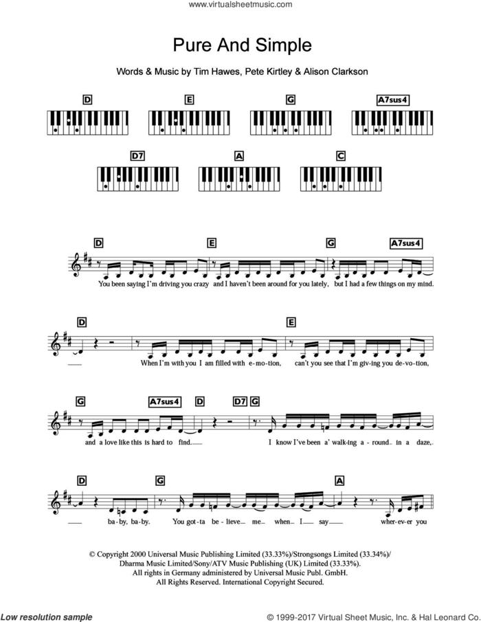 Pure And Simple sheet music for piano solo (chords, lyrics, melody) by Hear'Say, Alison Clarkson, Pete Kirtley and Tim Hawes, intermediate piano (chords, lyrics, melody)
