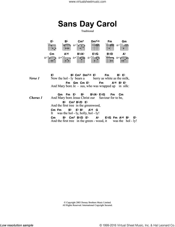 Sans Day Carol sheet music for guitar (chords), intermediate skill level