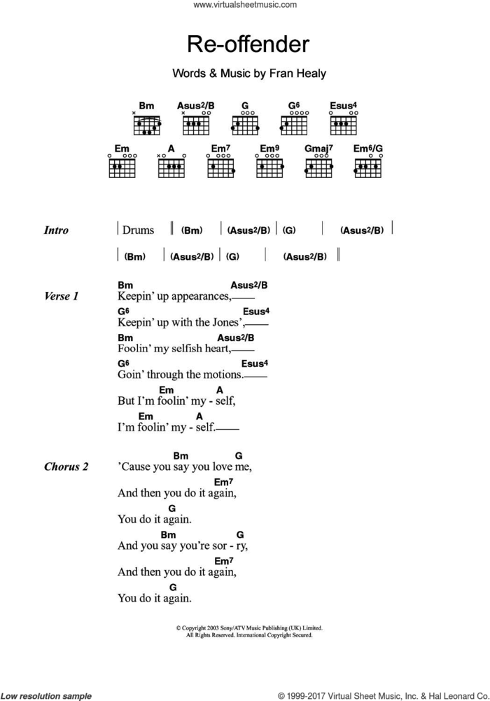 Re-offender sheet music for guitar (chords) by Merle Travis and Fran Healy, intermediate skill level