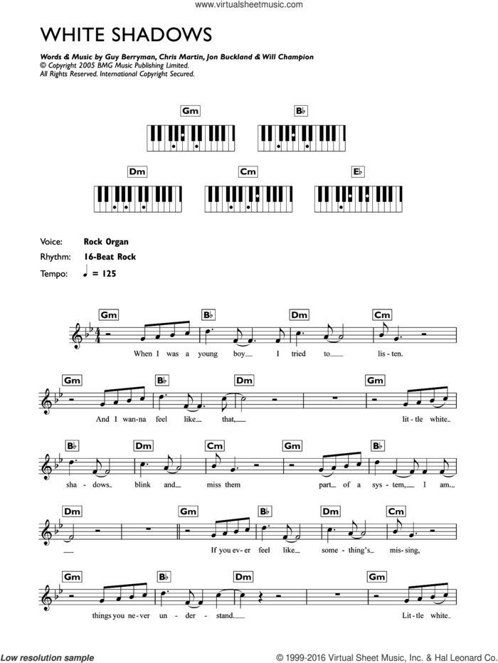 White Shadows sheet music for piano solo (chords, lyrics, melody) by Coldplay, Chris Martin, Guy Berryman, Jonny Buckland and Will Champion, intermediate piano (chords, lyrics, melody)