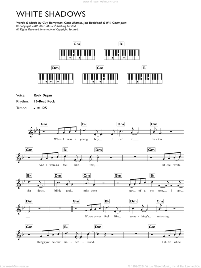 White Shadows sheet music for piano solo (chords, lyrics, melody) by Coldplay, Chris Martin, Guy Berryman, Jonny Buckland and Will Champion, intermediate piano (chords, lyrics, melody)