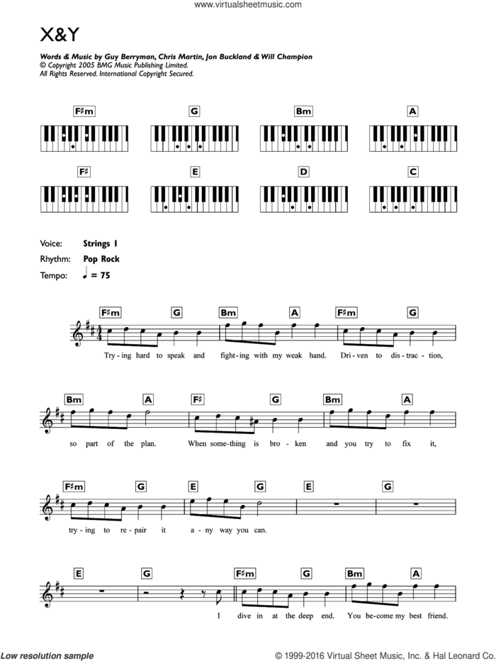 X and Y sheet music for piano solo (chords, lyrics, melody) by Coldplay, Chris Martin, Guy Berryman, Jonny Buckland and Will Champion, intermediate piano (chords, lyrics, melody)