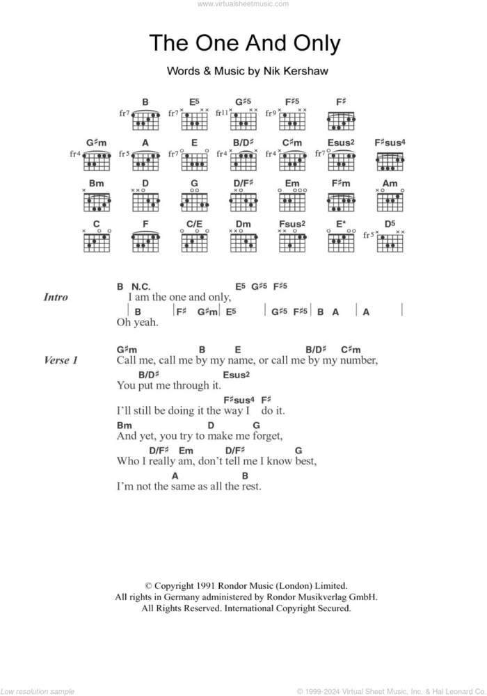 The One And Only sheet music for guitar (chords) by Chesney Hawkes and Nik Kershaw, intermediate skill level