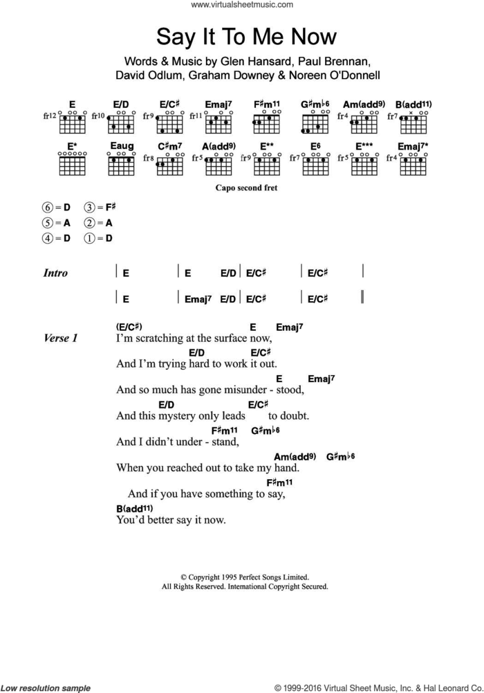 Say It To Me Now (from Once) sheet music for guitar (chords) by Glen Hansard, The Frames, David Odlum, Graham Downey and Paul Brennan, intermediate skill level