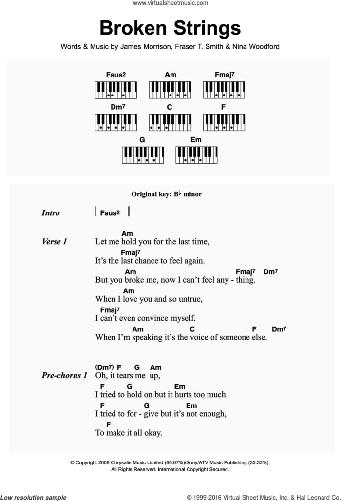 Broken Strings (featuring Nelly Furtado) sheet music for piano solo (chords, lyrics, melody) by James Morrison, Nelly Furtado, Fraser T. Smith and Nina Woodford, intermediate piano (chords, lyrics, melody)
