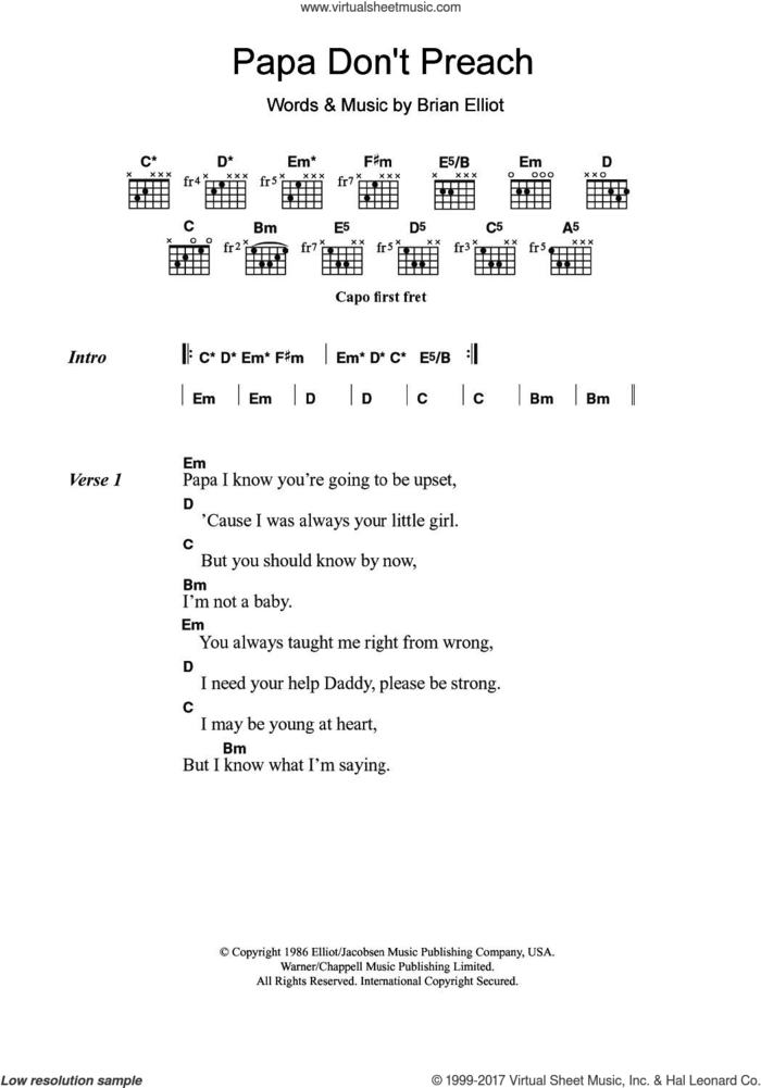 Papa Don't Preach sheet music for guitar (chords) by Madonna and Brian Elliot, intermediate skill level