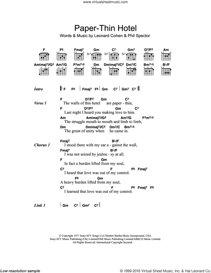 Paper-Thin Hotel sheet music for guitar (chords) by Leonard Cohen and Phil Spector, intermediate skill level