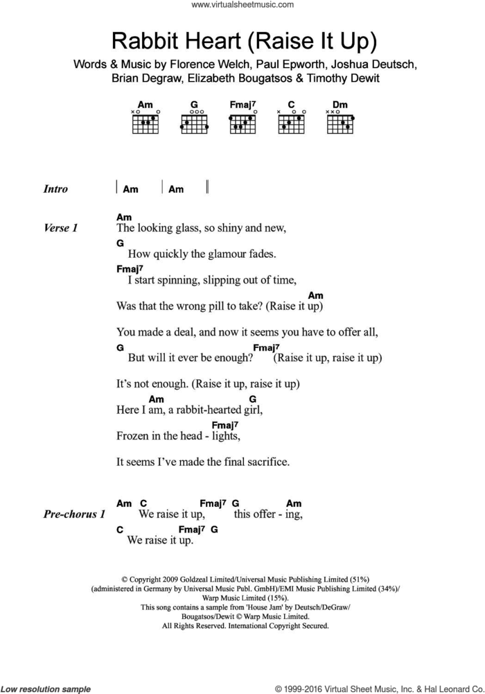 Rabbit Heart (Raise It Up) sheet music for guitar (chords) by Florence And The Machine, Brian Degraw, Elizabeth Bougatsos, Florence Welch, Joshua Deutsch, Paul Epworth and Timothy Dewit, intermediate skill level