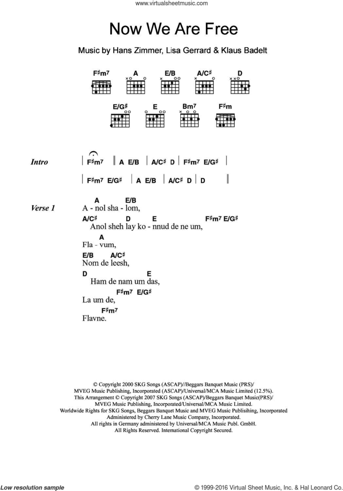 Now We Are Free (from Gladiator) sheet music for guitar (chords) by Lisa Gerrard, Hans Zimmer and Klaus Badelt, intermediate skill level