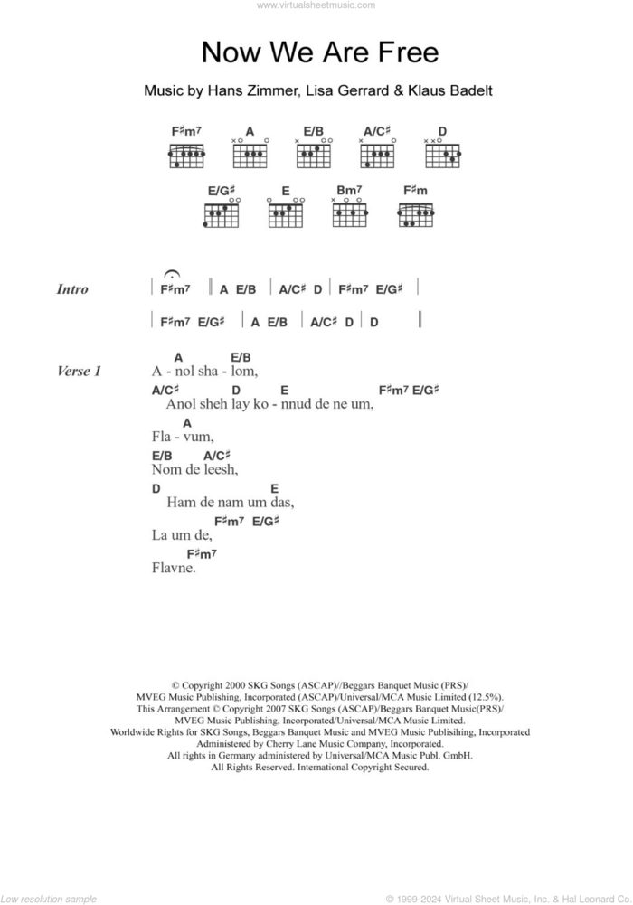 Now We Are Free (from Gladiator) sheet music for guitar (chords) by Lisa Gerrard, Hans Zimmer and Klaus Badelt, intermediate skill level