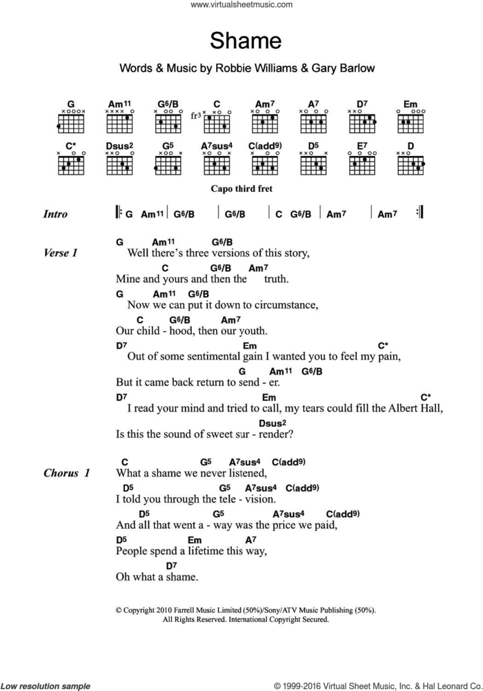 Shame sheet music for guitar (chords) by Gary Barlow and Robbie Williams, intermediate skill level