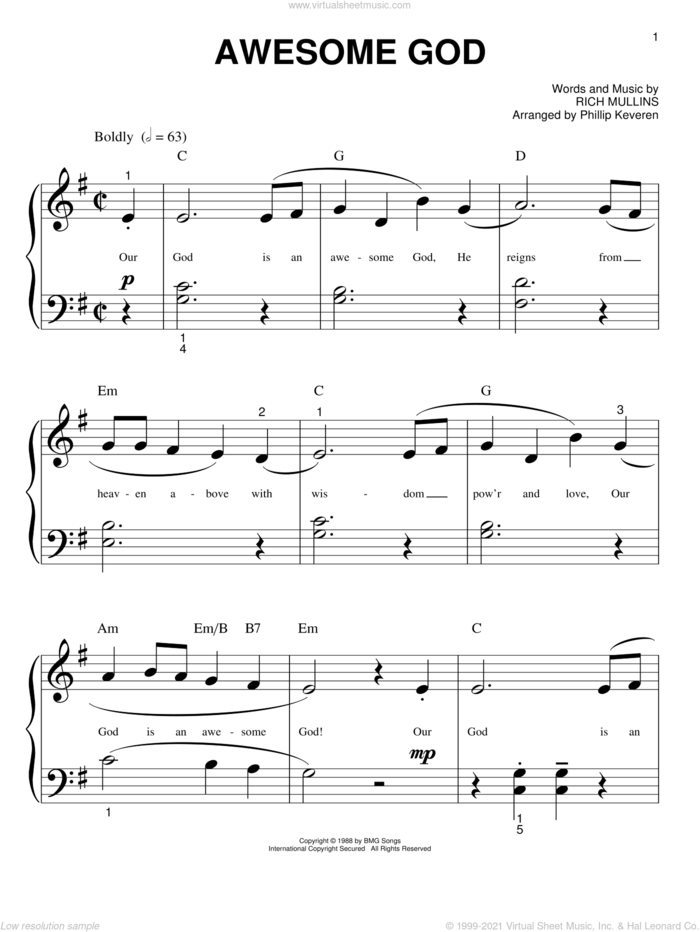 Awesome God (arr. Phillip Keveren) sheet music for piano solo (big note book) by Rich Mullins and Phillip Keveren, easy piano (big note book)
