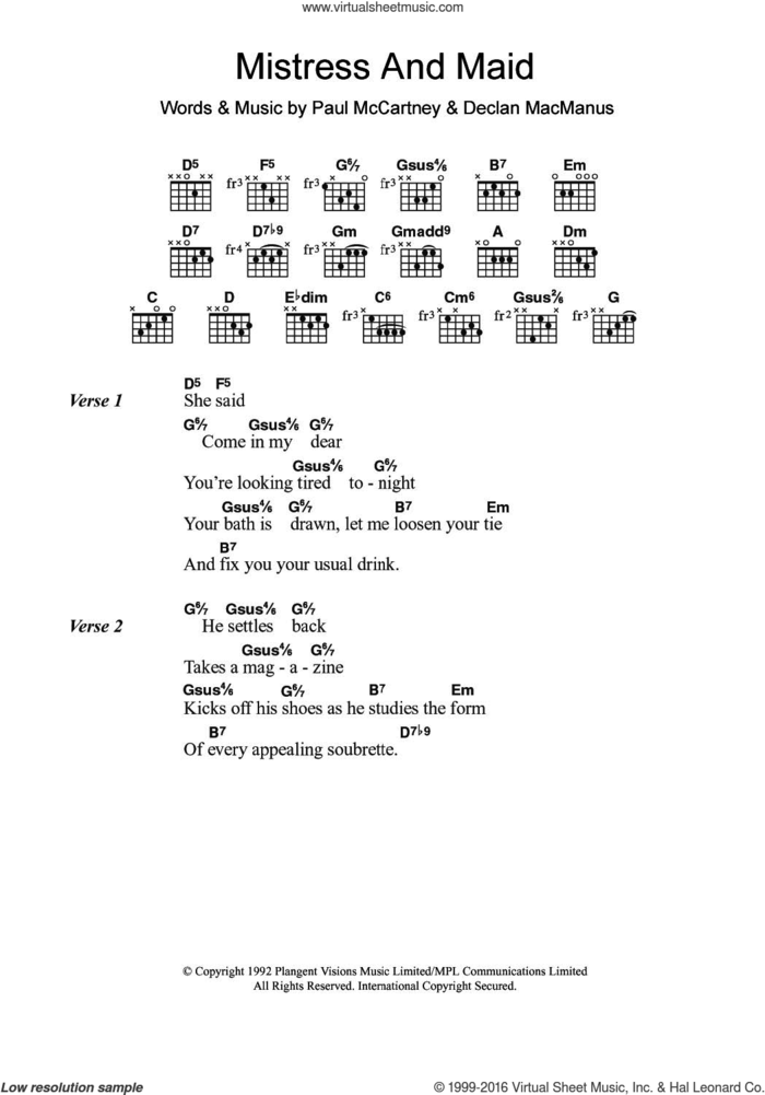 Mistress And Maid sheet music for guitar (chords) by Paul McCartney and Declan Macmanus, intermediate skill level