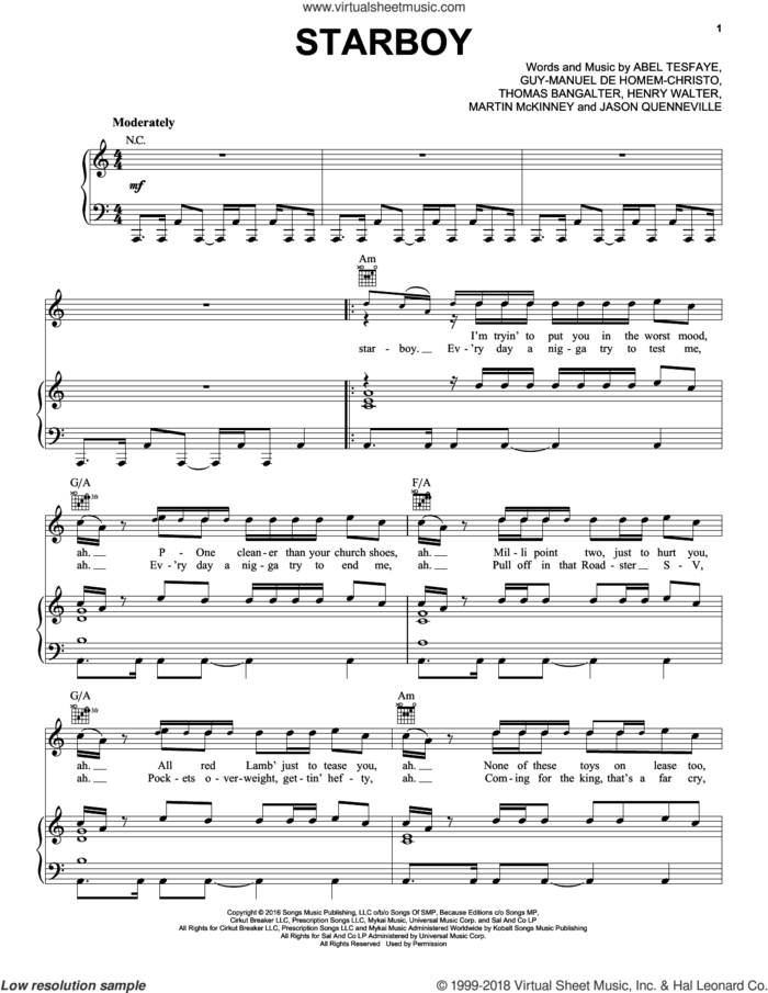 Starboy sheet music for voice, piano or guitar by The Weeknd feat. Daft Punk, Daft Punk, The Weeknd, Abel Tesfaye, Guillaume de Homem-Christo, Henry Russell Walter, Martin McKinney and Thomas Bangalter, intermediate skill level