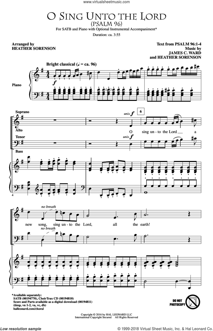 O Sing Unto The Lord (Psalm 96) sheet music for choir (SATB: soprano, alto, tenor, bass) by Heather Sorenson and James C. Ward, intermediate skill level