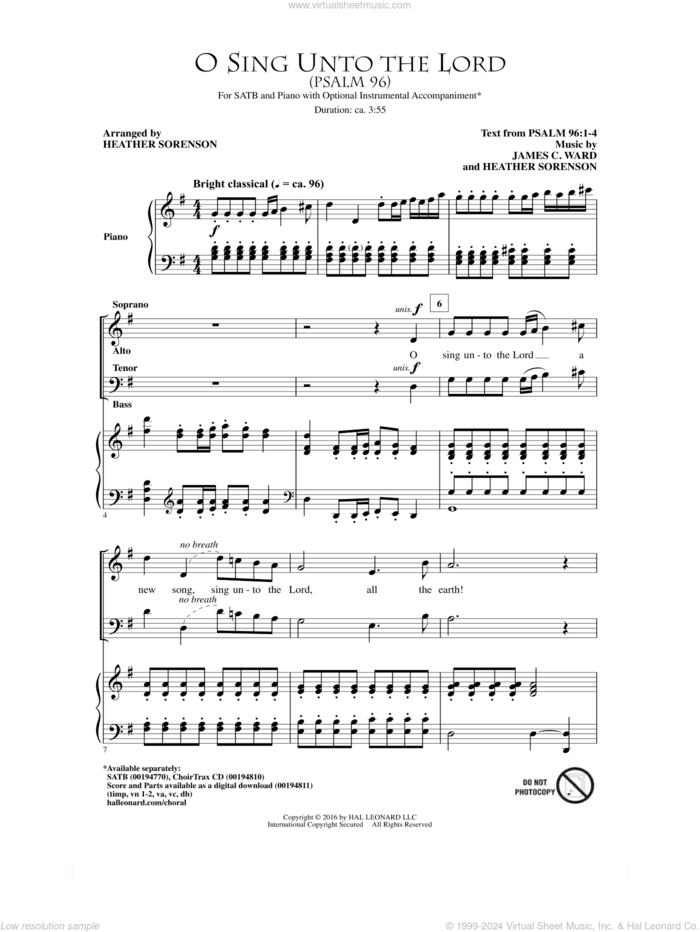 O Sing Unto The Lord (Psalm 96) sheet music for choir (SATB: soprano, alto, tenor, bass) by Heather Sorenson and James C. Ward, intermediate skill level