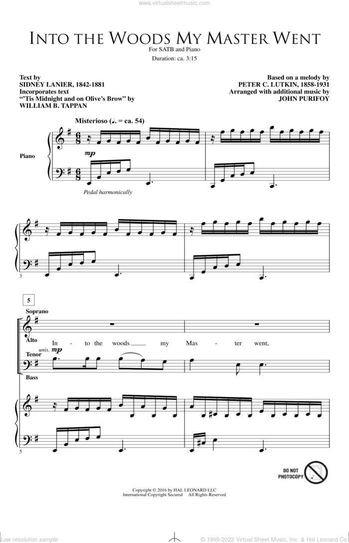 Into The Woods My Master Went sheet music for choir (SATB: soprano, alto, tenor, bass) by Peter Lutkin, John Purifoy, Sidney Lanier and William B. Tappan, intermediate skill level