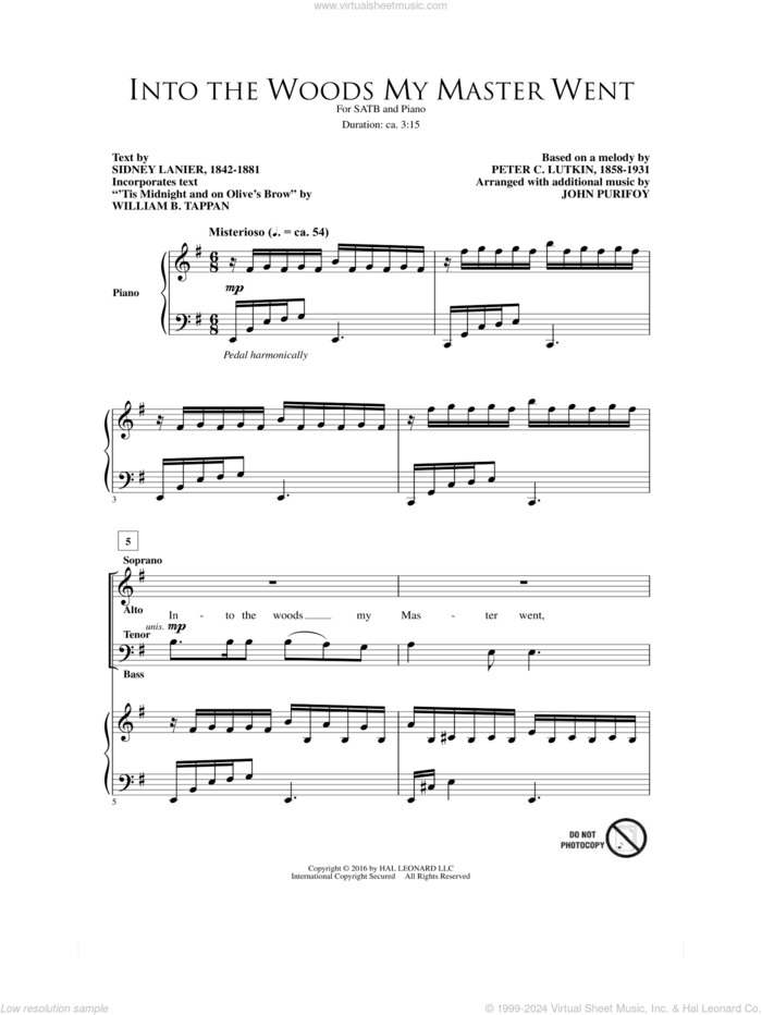 Into The Woods My Master Went sheet music for choir (SATB: soprano, alto, tenor, bass) by Peter Lutkin, John Purifoy, Sidney Lanier and William B. Tappan, intermediate skill level