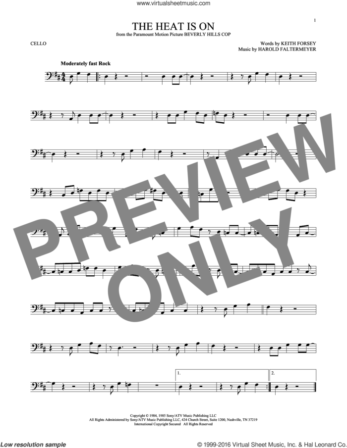 The Heat Is On sheet music for cello solo by Glenn Frey, Harold Faltermeyer and Keith Forsey, intermediate skill level