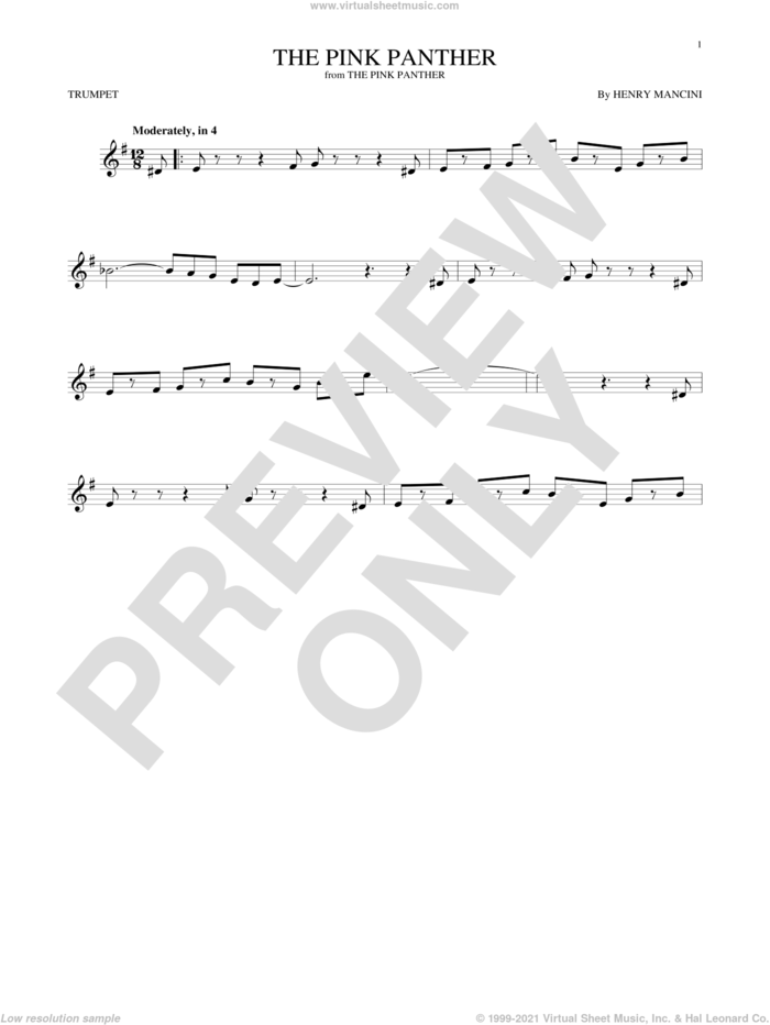 The Pink Panther sheet music for trumpet solo by Henry Mancini, intermediate skill level