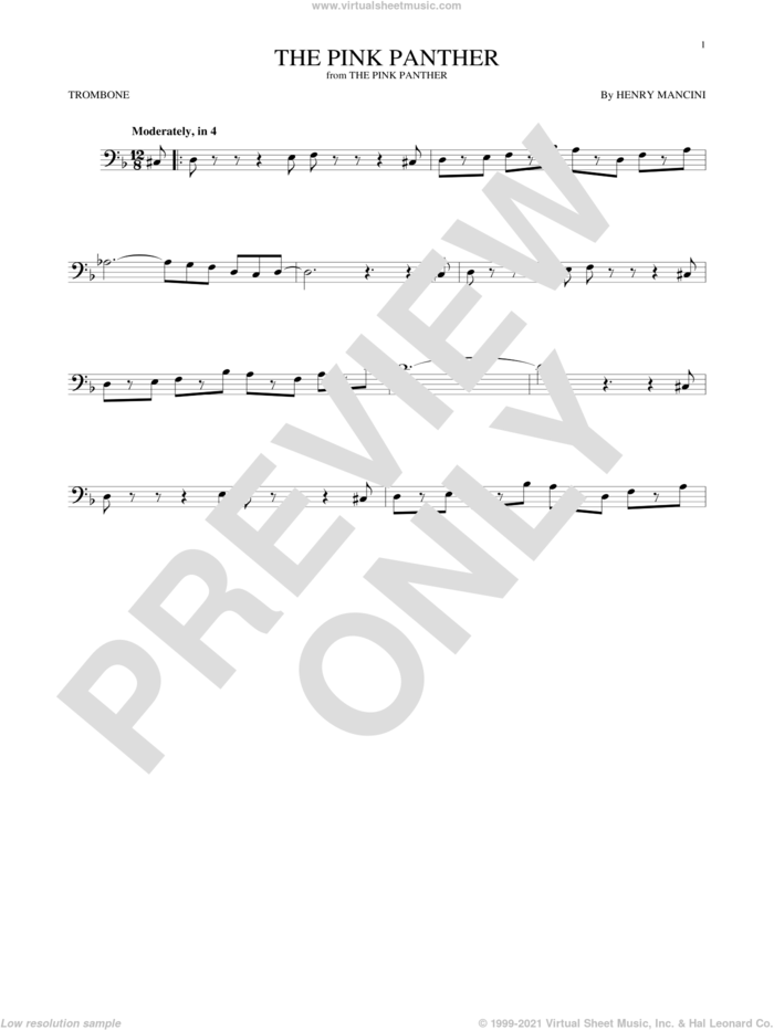 The Pink Panther sheet music for trombone solo by Henry Mancini, intermediate skill level