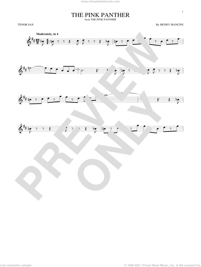The Pink Panther sheet music for tenor saxophone solo by Henry Mancini, intermediate skill level