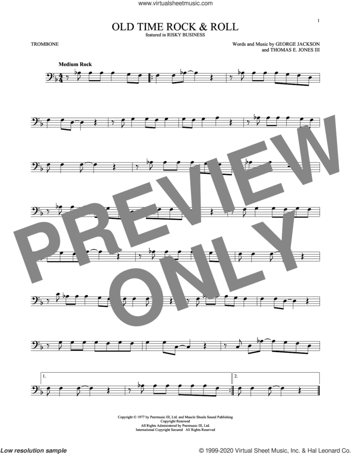 Old Time Rock and Roll sheet music for trombone solo by Bob Seger, George Jackson and Tom Jones, intermediate skill level