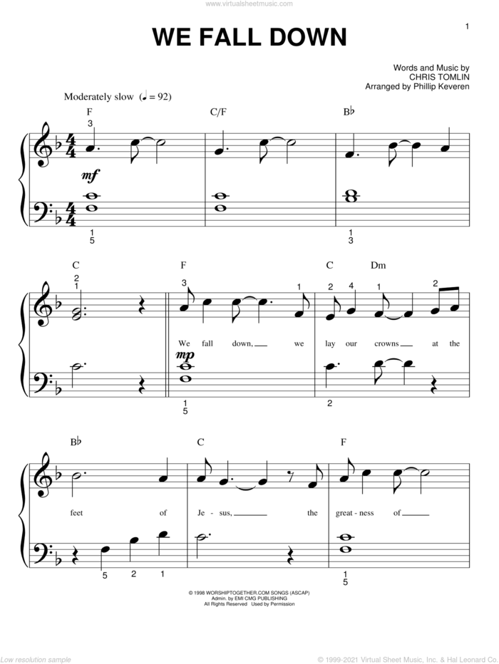 We Fall Down (arr. Phillip Keveren) sheet music for piano solo (big note book) by Chris Tomlin, Phillip Keveren and Kutless, easy piano (big note book)