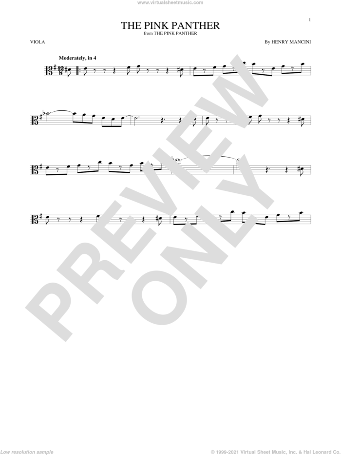 The Pink Panther sheet music for viola solo by Henry Mancini, intermediate skill level