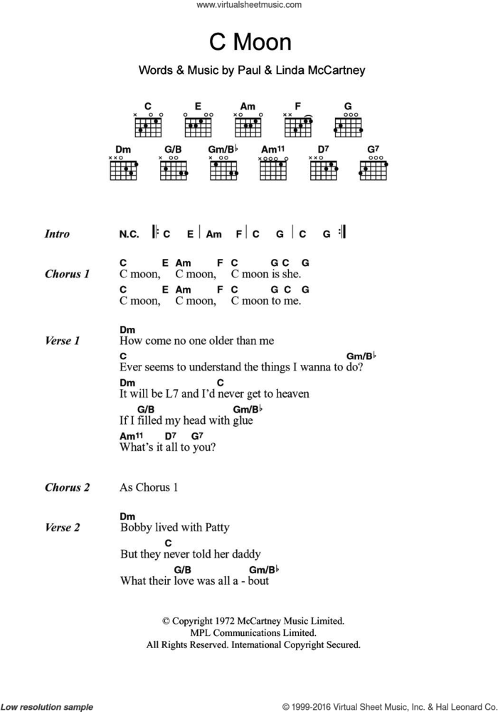 C Moon sheet music for guitar (chords) by Paul McCartney and Linda McCartney, intermediate skill level