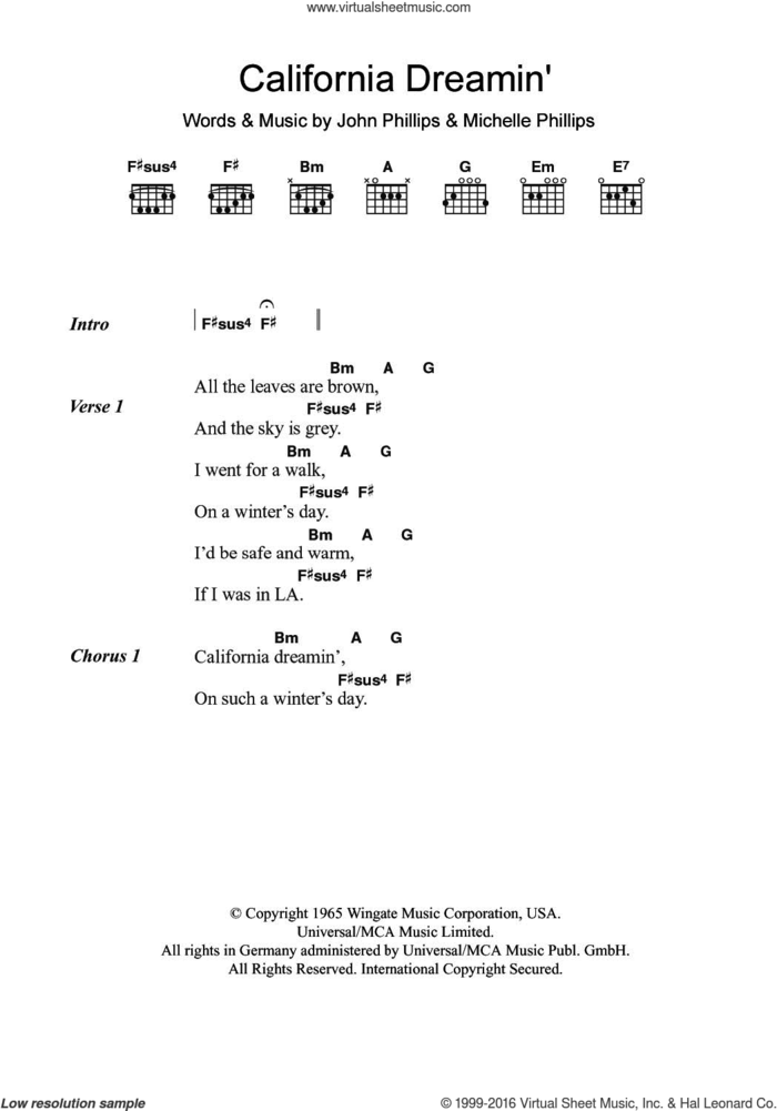 California Dreamin' sheet music for guitar (chords) by Bobby Womack, The Mamas & The Papas, John Phillips and Michelle Phillips, intermediate skill level