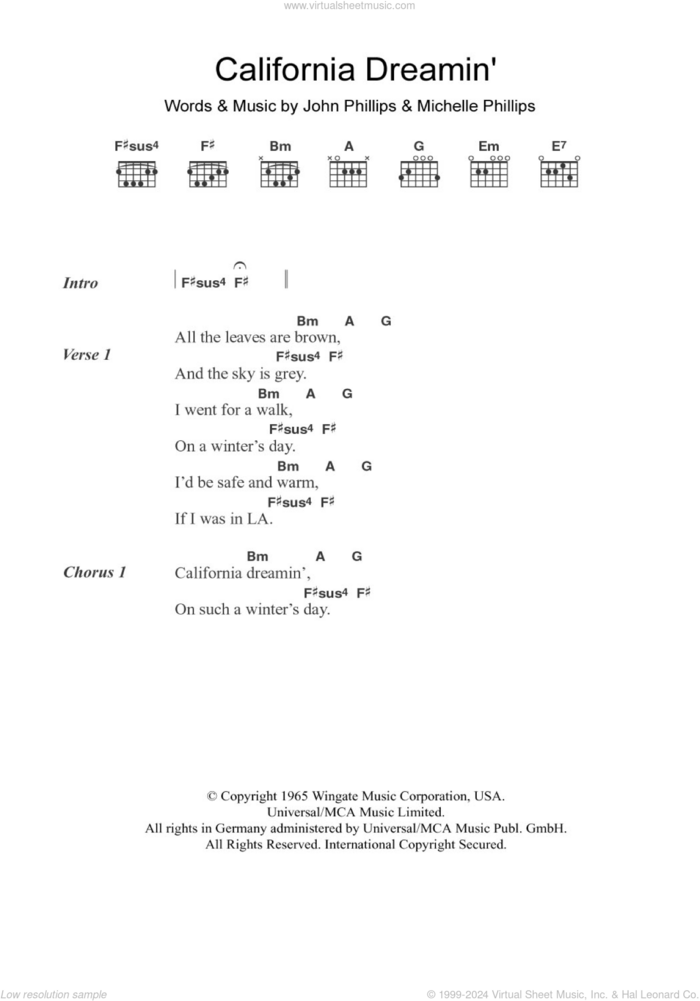 California Dreamin' sheet music for guitar (chords) by Bobby Womack, The Mamas & The Papas, John Phillips and Michelle Phillips, intermediate skill level