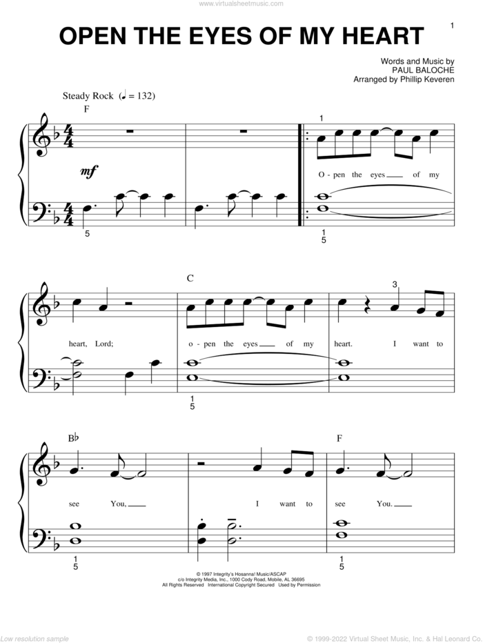 Open The Eyes Of My Heart (arr. Phillip Keveren) sheet music for piano solo (big note book) by Paul Baloche, Phillip Keveren and Sonicflood, easy piano (big note book)
